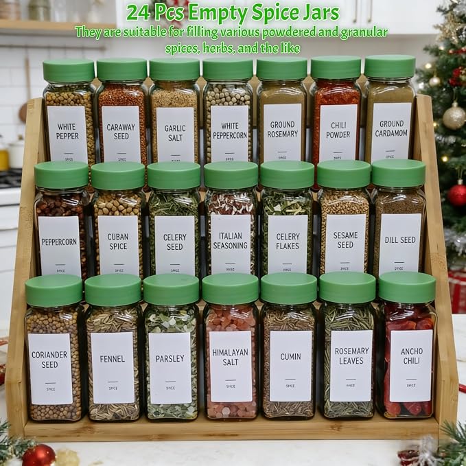 Spice Jars with Labels - 24 Glass Spice with Shaker Lids & Airtight Plastic Caps - 4oz Complete Seasoning Containers Organizer Set for Cabinet, Drawer & Rack (Green)