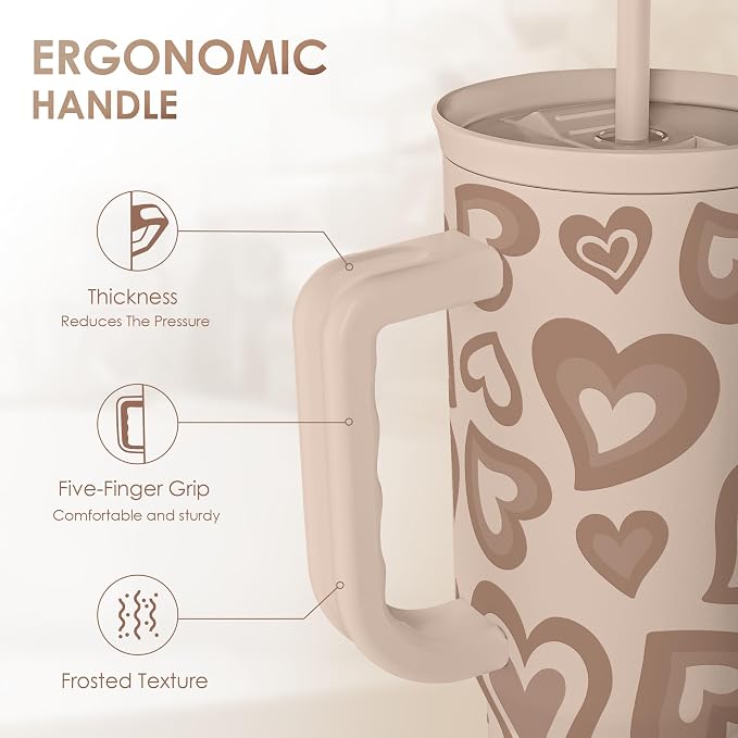 SANDJEST Heart Tumbler with Handle and Straw 40oz – Stainless Sleel Slider Tumbler Travel Coffee Mug for Women - Gift Idea for Birthday Christmas Valentine's Day