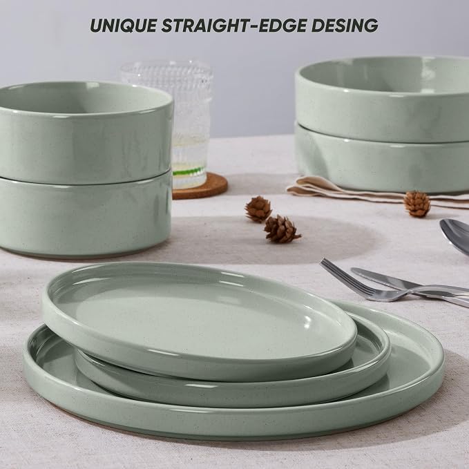 E-far 8-Piece Stoneware Dinnerware Sets with Pasta Bowls, Green | Plates and Bowls Sets for 2, Microwave & Dishwasher Safe Kitchen Modern Dish Set, Speckled Green