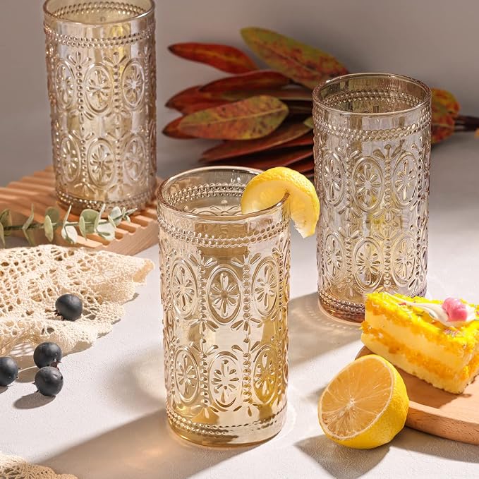 Darlion Amber Drinking Glasses, Vintage Glassware, 12oz Highball Glasses | Lead-Free Glass, Food Grade Glass, Durable&Sturdy, Vintage Decoration