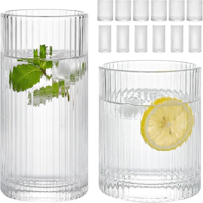 Moretoes Ribbed Drinking Glasses Set of 12,Water Glass Cups | Mixed Glassware Set,6 Highball Glasses 12 Oz, 6 Rocks Glass 13 Oz, Kitchen Bar Tumbler for Wine, Juice, Ice Coffee, Whiskey