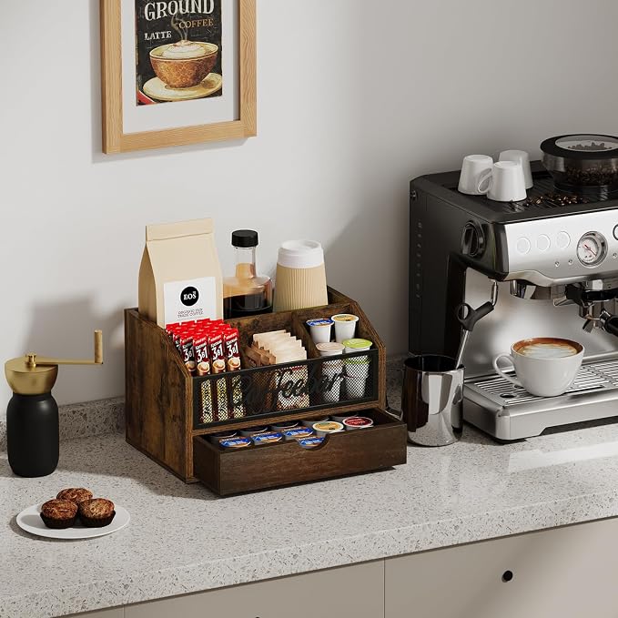 YINMIT Coffee Station Organizer with Drawer for Countertop, Wood Coffee Bar Organizer with Removable Dividers for Pods, Syrup, Cups, Stirrer, Tea, Iron Mesh-Vintage Brown, 2 Tier