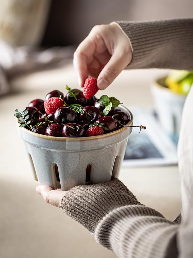Gomakren Ceramic Berry Bowl Set of 2, Fruit Containers for Fridge, Gray | Drain Holes Keep Berries Fresh, Stackable, Wash & Serve | 5.8In Round Strawberry Grape Cherry Basket, Farmhouse Kitchen Decor