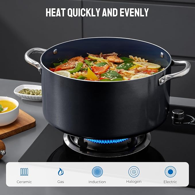 BEZIA Nonstick Induction Cookware Set, 6-Piece Pots and Pans Set with Lids | 2QT Saucepan, 4.8QT Casserole Dutch Oven, 6QT Stock Pot, Riveted Stainless Steel Handles, Oven Safe, Works on All Stovetops
