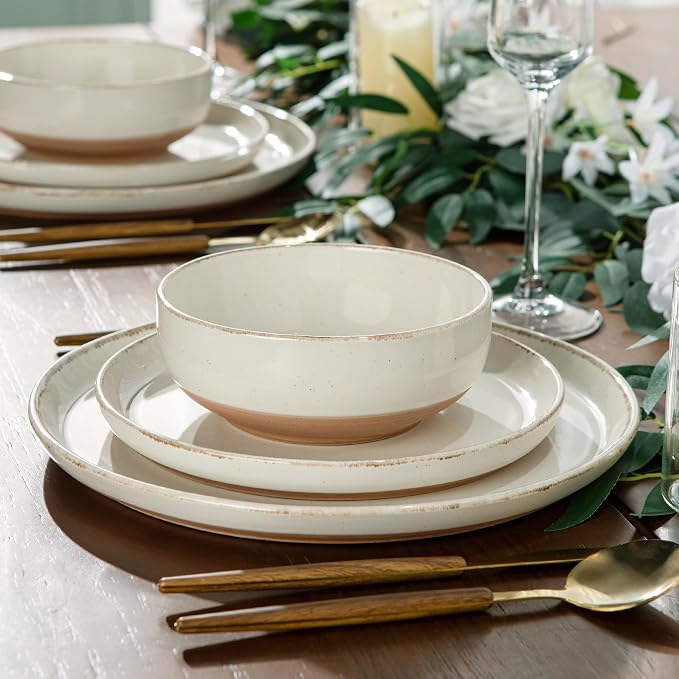 AmorArc Dinnerware Sets for 8, 24 Pieces Ceramic Plates and Bowls Set | Scratch Resistant Stoneware Dishes Set, Dishwasher & Microwave Safe, Light Beige