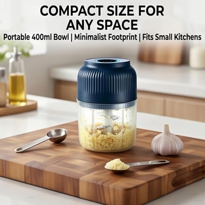 Electric Garlic Chopper, Food Chopper USB Rechargeable, Mini Vegetable Chopper, Garlic Mincer and Onion Chopper, Portable Small Food Processor for Ginger, Chili, Vegetables (Blue, 400ML)