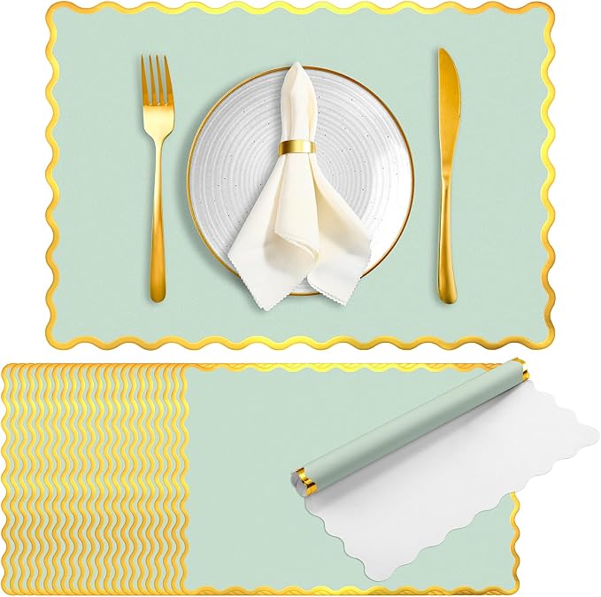 FoldTier 150 Pcs Disposable Paper Placemats Bulk 10"x14" Rectangle Place Mats with Scalloped Edges Dining Table Mat for Wedding Birthday Party Table Decoration(Sage Green)