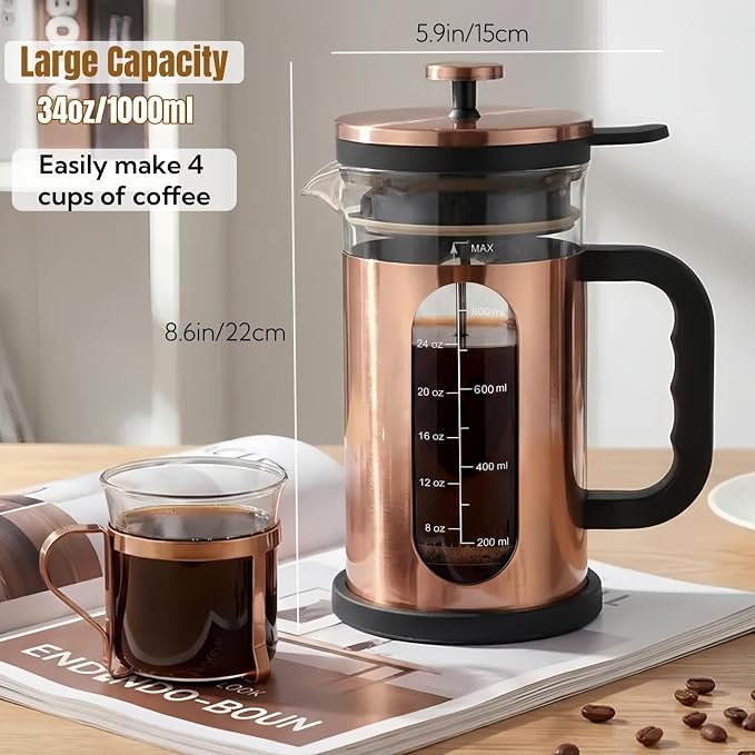 French Press Coffee Maker 34oz, 1000ml Borosilicate Glass Stainless Steel Coffee Brewer with Reusable Filters Portable Coffee Press for Kitchen Travel Camping
