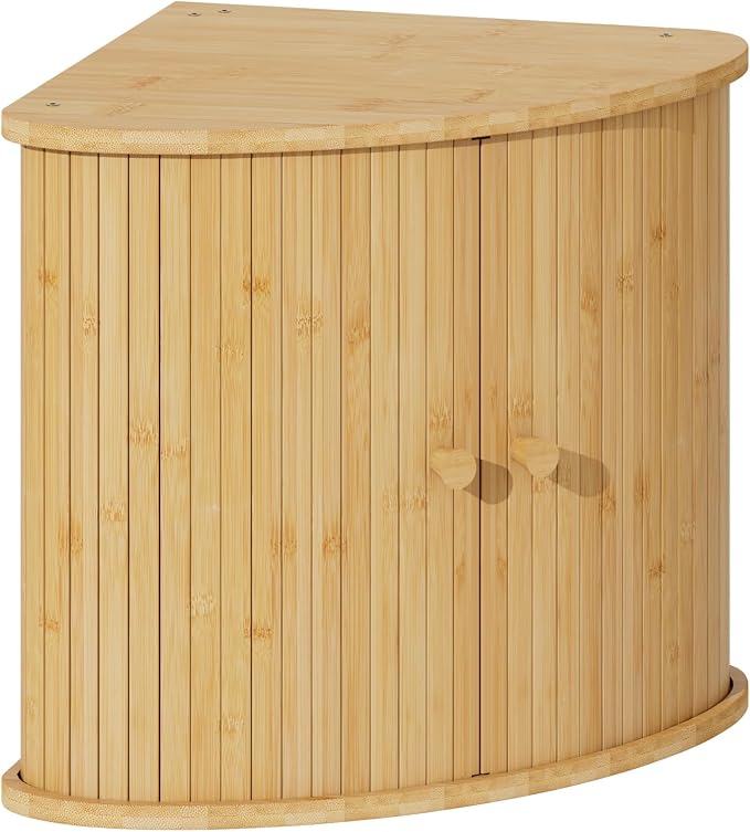 Corner Bread Box for Kitchen Countertop, Solid Bamboo Wood Bread Box, Two Layer Wooden Bread Storage Capacity