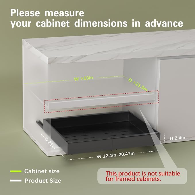Seinloes 2 Pack Pull Out Cabinet Organizers 21"Deep with Raising Pad for Framed Cabinets,Expandable Slide Out Drawers Upgrade 3 Slide Rails,Roll Out Shelves Adhesive,Adjustable Width 12"-20.45" Black