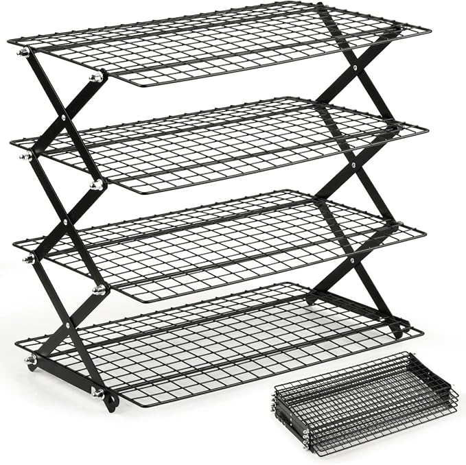 4 Tier Collapsible Cooling Rack with 3 Setting Design Adjustable ＆ Stackable Baking Rack, X-Shaped Structure Cooling Rack for Cooking and Baking, Cookies, Bread, Baking Must Haves