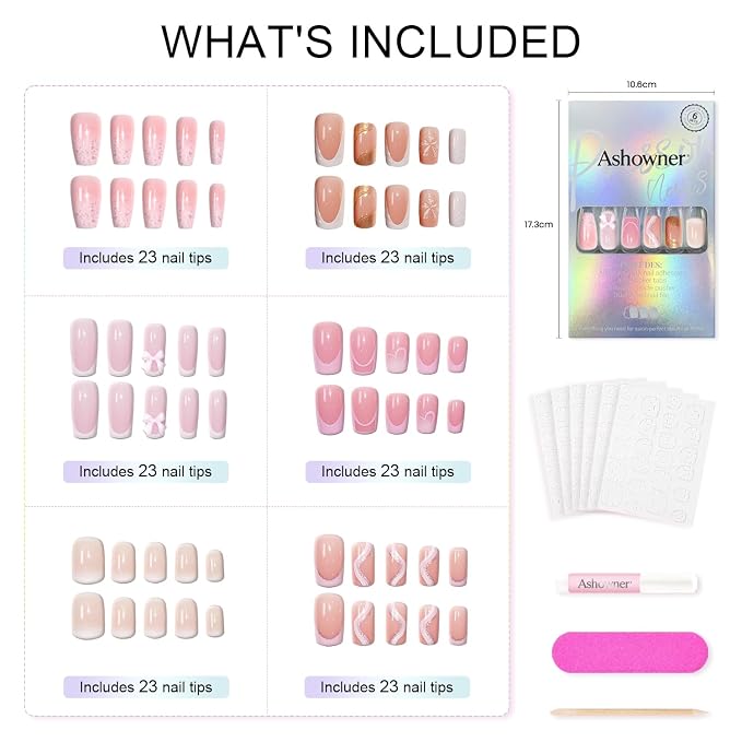 Press on Nails, 6 Packs (144 Pcs) Medium Square French Sets, Pink Charms