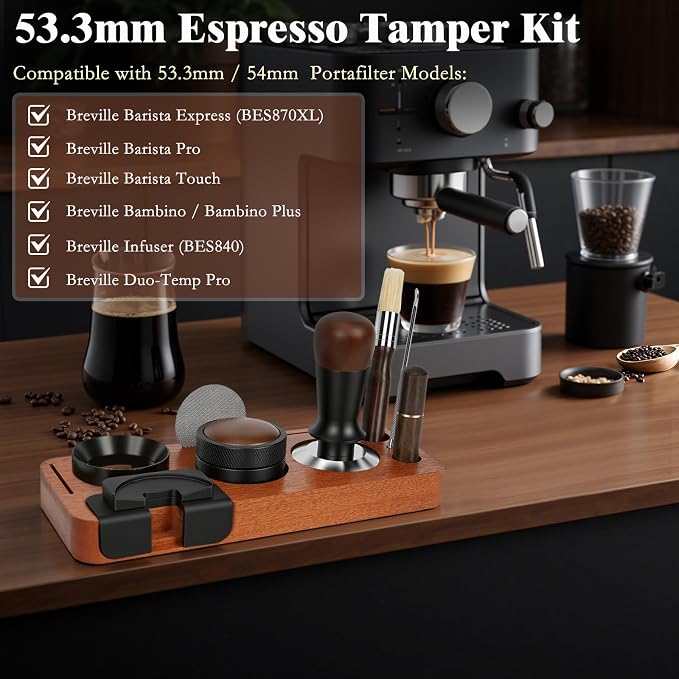 8 PCS Espresso Accessories Kit, 53.3mm Espresso Tamper Kit Coffee Tamper Set with Coffee Distributor, Espresso Tamping Station, Espresso WDT Stirrer,Dosing Funnel, Fits Breville 54 mm Portafilter