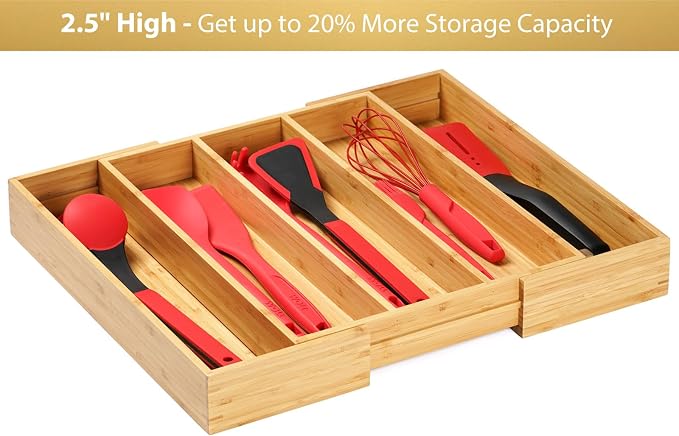 Expandable Kitchen Drawer Organizer, 2.5" High Bamboo Utensils Silverware Tray, Adjustable Large Deep Wood Organization Holder