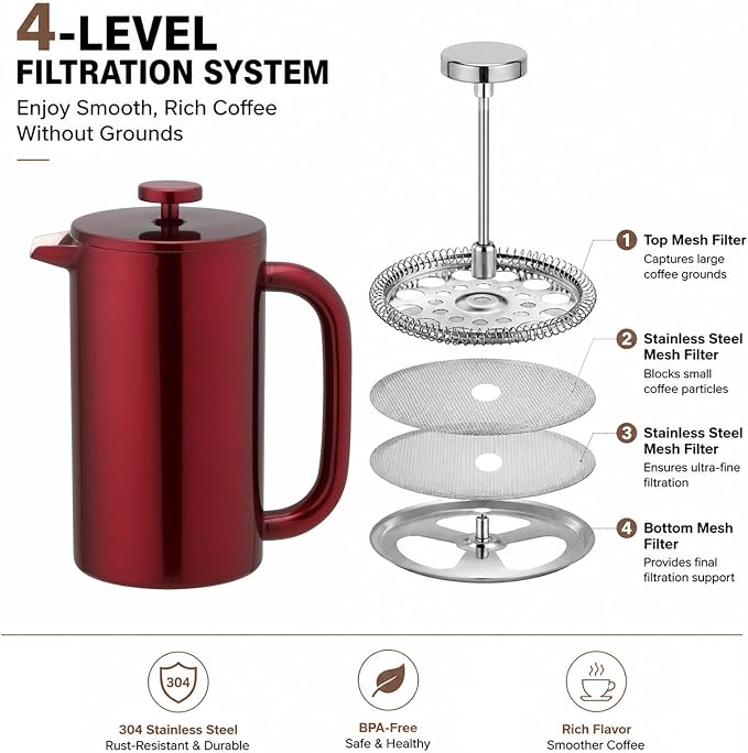 8-Cup Double Wall Insulated Stainless Steel French Coffee Press, 32-Ounce Durable Coffee Tea Maker with Stainless Steel Plunger, Red
