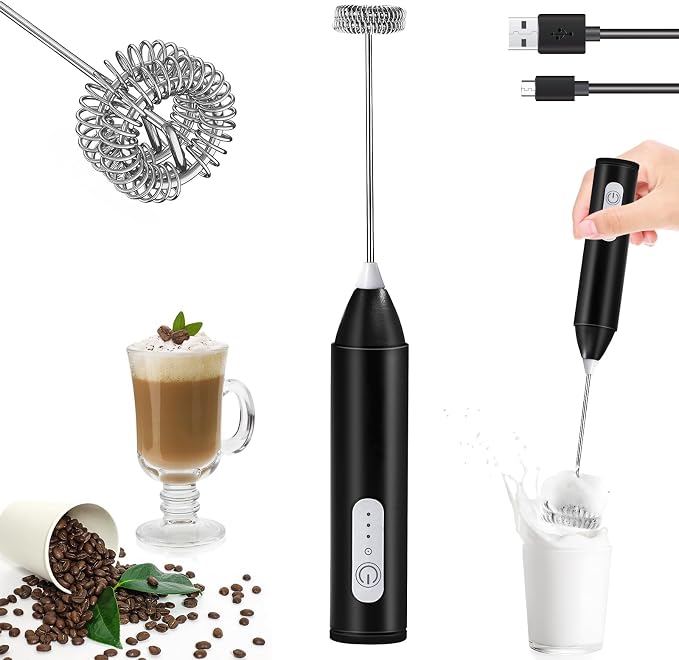 Rechargeable Milk Frother Wand Handheld, Coffee Foam Maker,Mini Drink Mixer | Dual Stainless Steel Whisk, 3 Speeds, USB-C Battery Portable Protein Blender, Small Electric Stirrer for Mathca, Cappuccino