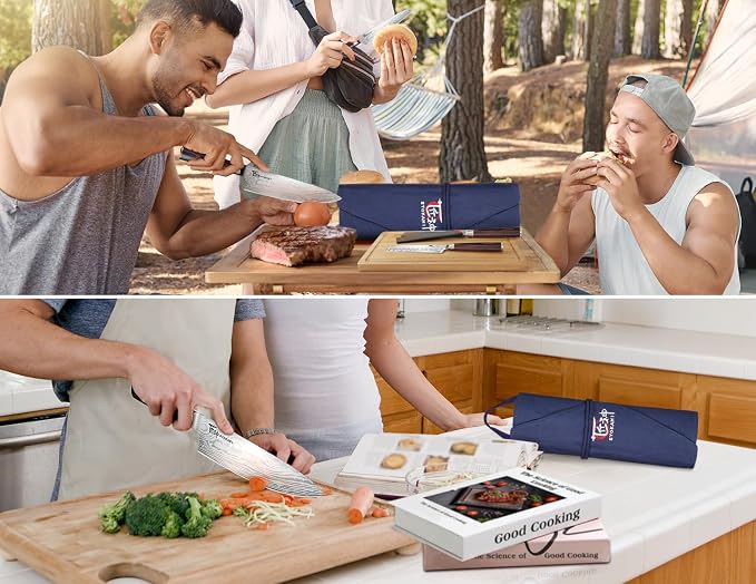 14pcs Chef Knife Set with Roll Bag, Professional Stainless Steel Japanese Knife Set with Pakkawood Handle for Professional Chef, Camping, Travel, BBQ, RV or Gift