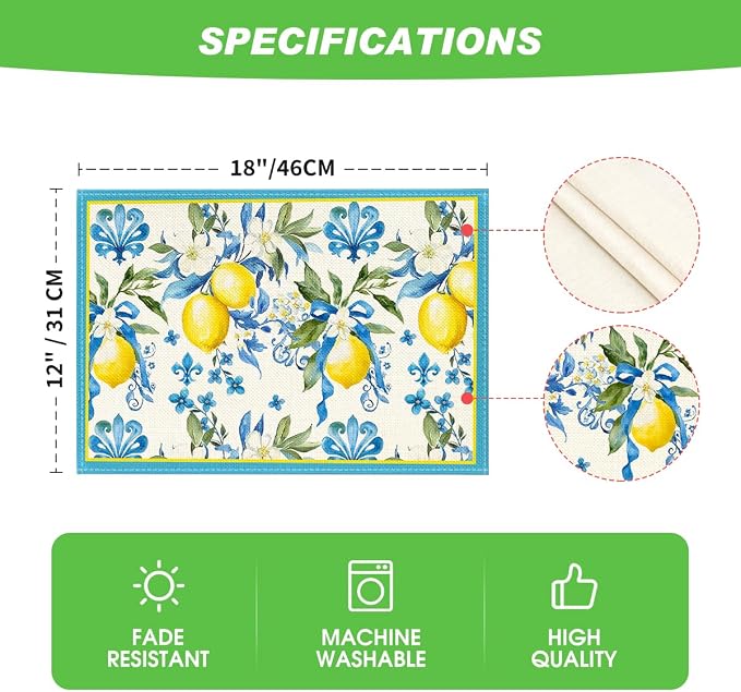 Artoid Mode Blue Lemon Iris Summer Placemats Set of 4, 12x18 Inch Seasonal Table Mats for Party Kitchen Dining Decoration
