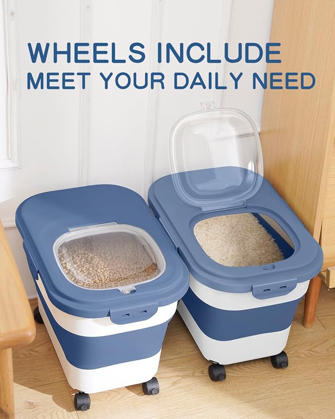 20-30 Lbs Rice Storage Container,Collapsible Food Storage Container | Flour Storage Container with Wheels Airtight Locking Lid,Rice Container Double Seal,Keep Fresh for Pet Food,Rice,Flour