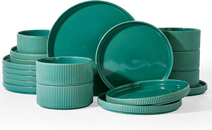Famiware Stoneware Dishes Dinnerware Sets for 6, Ribbed Plates and Bowls | 18-Piece Ceramic Dinner Set with Lipped Edges, Chip & Scratch Resistant , Microwave & Dishwasher Safe, Daily Use, Sage Green