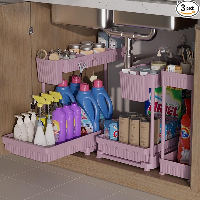 3-Pack 2-Tier L-Shaped Under Sink Organizers with Sliding Drawers | Multi-use kitchen & bathroom storage, 12.85 inch pink cabinet organizer, space-saving sliding drawer design.