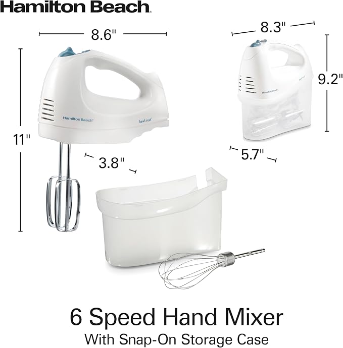 Hamilton Beach 6-Speed Electric Hand Mixer with Whisk,Traditional Beaters,Snap-On Storage Case,250 Watts,White,(Pack of 2)
