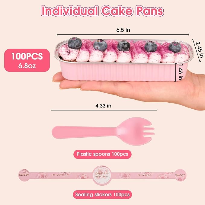 100 Pack Mini Cake Pans with Lids and Spoons, Disposable Aluminum Foil Cake Tins（6.8oz） Individual Small Cake Baking Containers for Party, Wedding, Birthday
