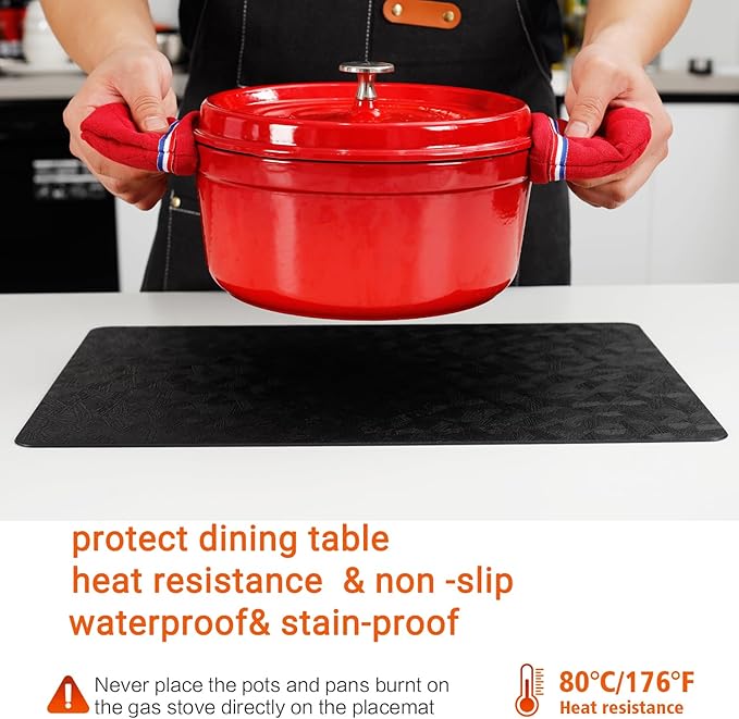 Black Vinyl Placemats Set of 8 Waterproof Wipeable Table Mats | Heat Resistant Easy Clean Place Mats Faux Leather Table Mats Washable PVC Table Placemats for Dining Table