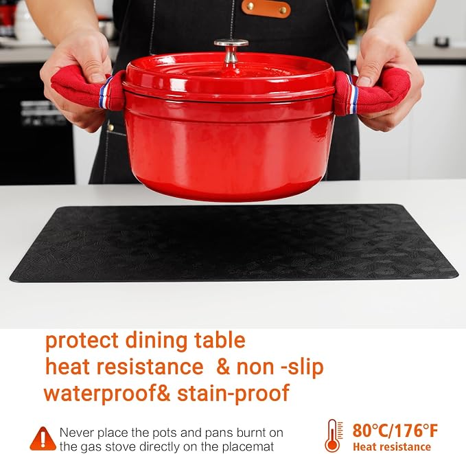Black Vinyl Placemats Set of 4 Waterproof Wipeable Table Mats | Heat Resistant Easy Clean Place Mats Faux Leather Table Mats Washable PVC Table Placemats for Dining Table