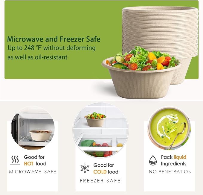 48 Oz Disposable Bowls - Heavy Duty and Compostable Bowl - Made from Sugarcane and Bamboo Fibers, Microwave Safe - Large Paper Bowl for Soup, Salad, Ramen, Popcorn, etc. [50 Pack]