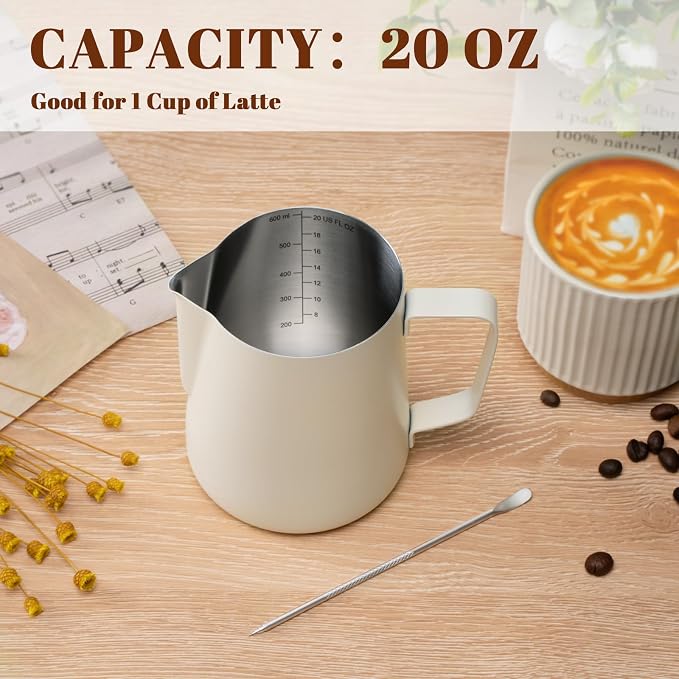 Amrules Milk Frothing Pitcher, 20oz Milk Frother Cup with Clear Scale, 304 Stainless Steel Cappuccino Espresso Machine Accessories for Barista Coffee Bar with Latte Art Pen, White
