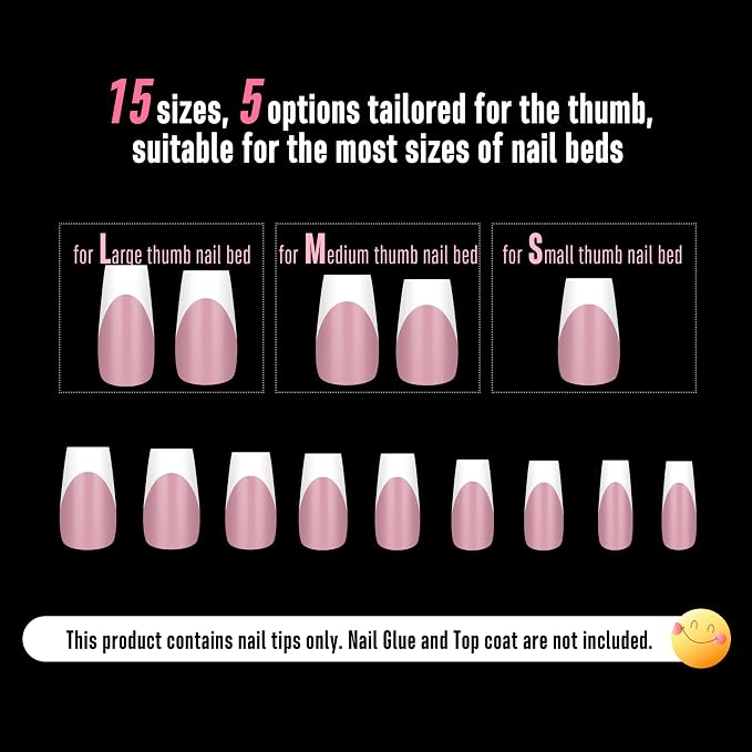 NOVO OVO White French Tip Medium Coffin Nail Tips Press on, BERRY PINK, Extra Thick Soft Gel Fake Nail Acrylic Extension, Need Builder Gel Top Coat, No Glue Included, for Salon DIY 15 Sizes x 240 pcs