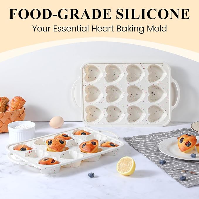 Heart Shaped Muffin Pan, Silicone Heart Mold with Metal Reinforced Frame | 2 Pcs, Nonstick, BPA Free, Oven Dishwasher Safe, Food-Grade Silicone, 12-Cavity for Muffins, Cupcakes, Bread