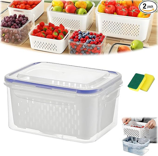 4 in 1 Food Storage Container, Fruit Storage Containers for Fridge, Produce Storage Containers with Lid and Strainer, Including Drain Basket, Multipurpose Large Fruit Containers for Fridge (S-White)