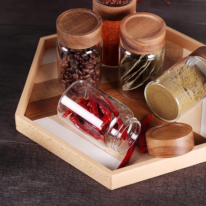 SAIOOL 6 Pcs Small Glass Spice Jars with Label,High Sealing Threaded Mouth,with Black Printed Spice Labels - 8.79oz /260ml*6,Empty Cylinder Spices Bottles,Storage Jars with Airtight Screw Lids | With Label, 8.79oz/260ml