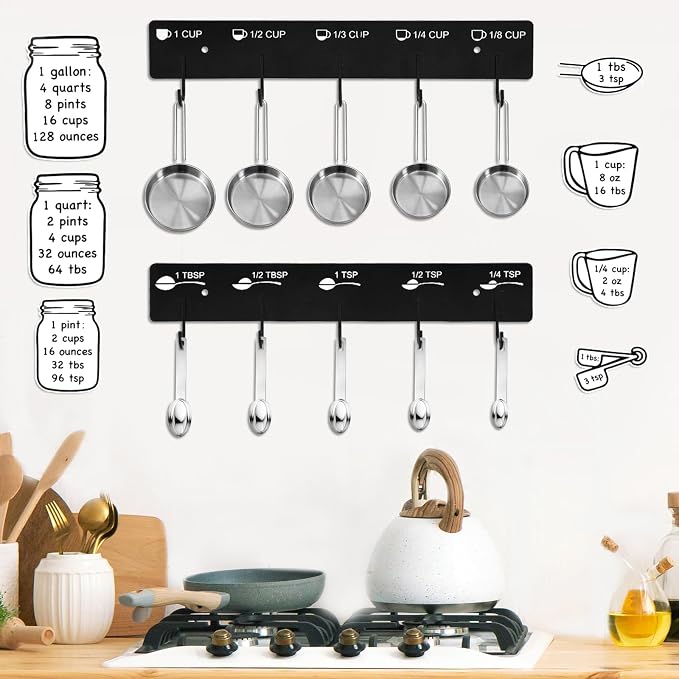 Premium Measuring Cups and Spoons Hanging Rack with stick | Measuring Cup Organizer Rack Suitable for Kitchen Hanging Including Screw and Adhesive Mounting (Stickers+Measuring)