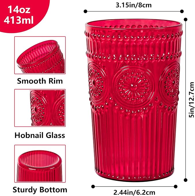 Ciaell 12 Pack Red Plastic Water Glasses for Parties Dinners | 14 oz Red Embossed Ribbed Vintage Drinking Cups, Heavy Duty Plastic, Beer Juice Beverages Wine for Outdoor Weddings