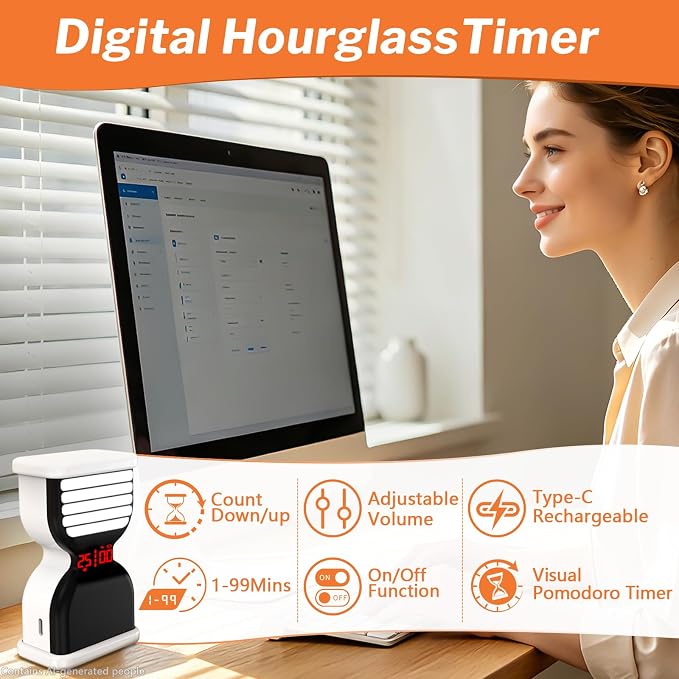 Pomodoro Timer for Productivity, Visual Digital Hourglass Timer | 5/25Min Preset, Custom Countdown Count-up, On/Off, Loud Alarm Mute, Rechargeable Flip Timer for ADHD Tool Study Work Kitchen