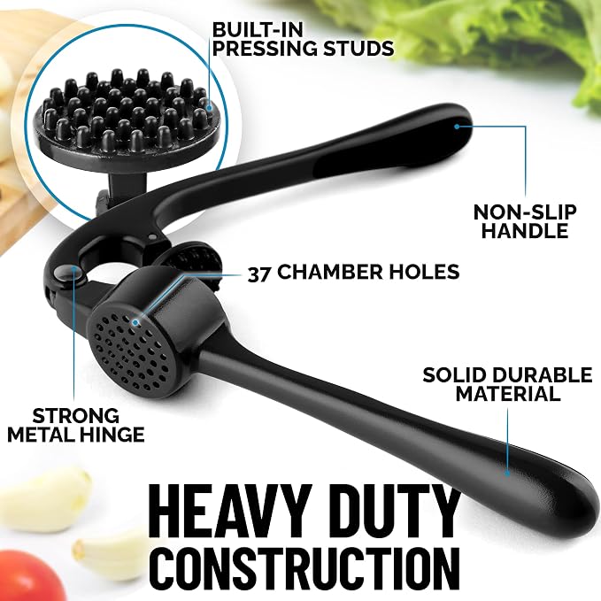 Zulay Kitchen Premium Garlic Press Set - Rust Proof Professional Garlic Mincer Tool - Easy-Squeeze, Easy-Clean with Soft, Ergonomic Handle - Silicone Garlic Peeler & Brush (Black)