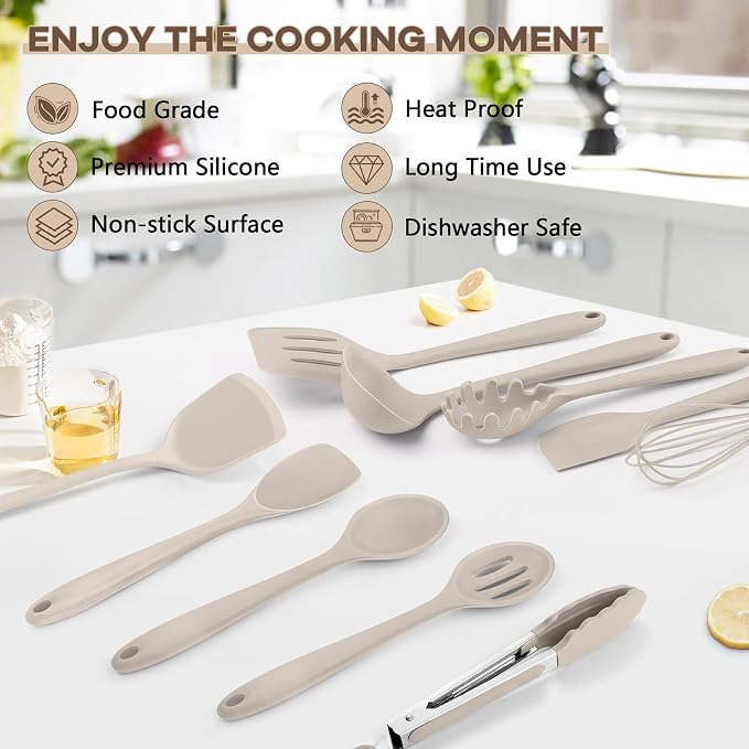 TeamFar Silicone Cooking Utensils, 10 pcs Kitchen Cooking Utensils Set | Heat Resistant Kitchen Gadgets Tools Set w/Spatula, Turners, Spoons, Soup Ladle, Pasta Server for Nonstick Cookware, Khaki