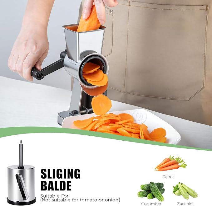 Rotary Cheese Grater Stainless Steel Manual Cheese Shredder Grater Walnuts Grinder with 3 Interchangeable Drum Blades for Chocolate, Cheese and Nuts