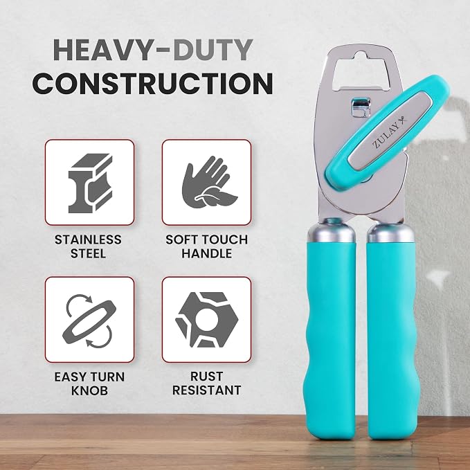 Zulay Kitchen Heavy Duty Stainless Steel Can Opener Manual with Bottle Opener - Rust Proof Manual Can Opener With Turn Knob & Comfy Soft Grip Handles - Turquoise