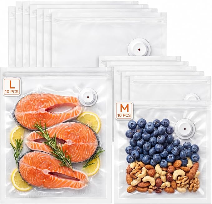 FEPPO Reusable Vacuum Sealer Bags for Food, 20 PCS (10 Medium 8.3"×8.7" + 10 Large 10.2"×11") BPA-Free Food Storage Bags with Air Valve, Leak-Proof & Odor-Resistant for Freshness Preservation