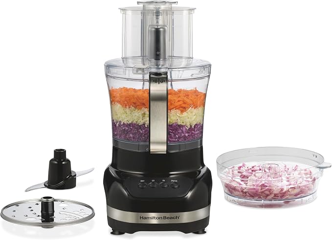 Hamilton Beach Big Mouth Duo Plus 12 Cup Food Processor | Includes Additional 4 Cup Mini Food Processor Vegetable Chopper Bowl | S-Blade and Shredding Disc | 500 Watt | Black | 70580