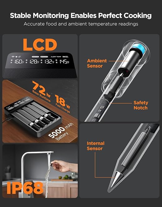 GoveeLife Smart Wireless Meat Thermometer Digital 4 Probes with App Alarm | Stable Bluetooth WiFi Transmission, IP68 Waterproof, Standalone Charge Magnetic Base, Grill Thermometer for BBQ, Smoker, Oven
