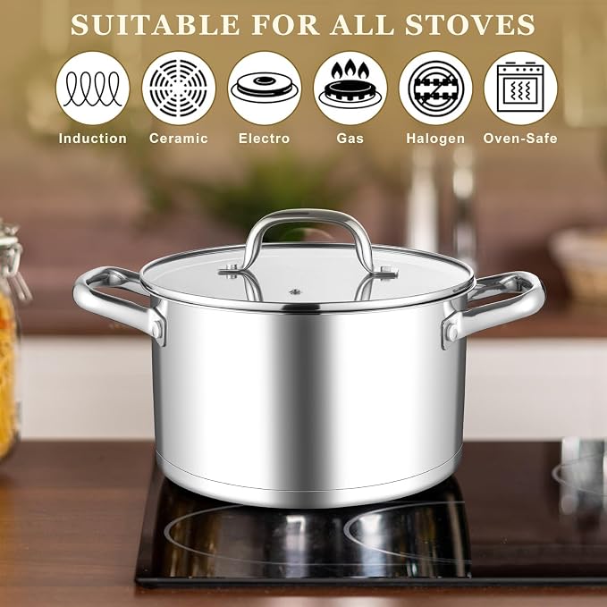 Leonyo 8 Quart Stock Pot with Lid, Stainless Steel Soup Pot for Cooking | 3-Ply Bottom for All Stoves, Stewing & Boiling & Simmering