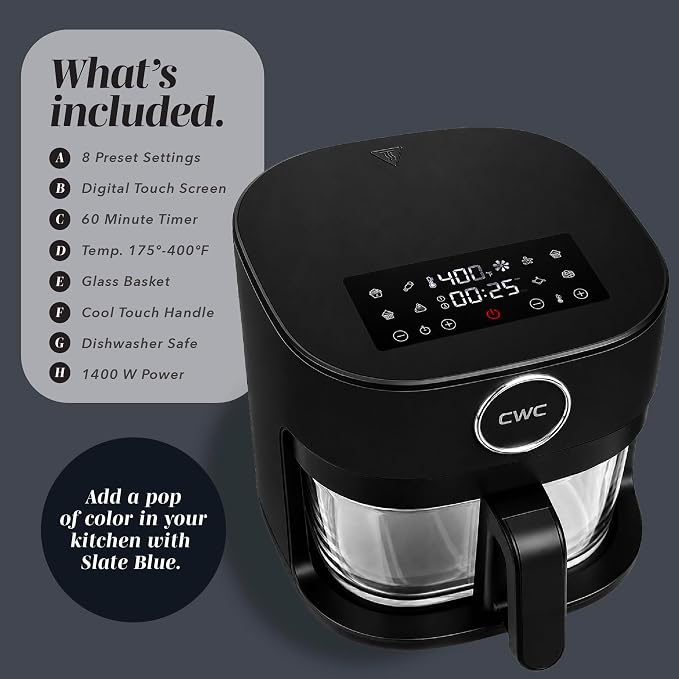 COOK WITH COLOR 1400W 5.5Qt Digital Kitchen Air Fryer with Glass Basket, 8 Presets Healthy Cooking Options, Bake, Fry, Reheat, 60-Min Timer, Adjustable Temperature Control 175°F–400°F, Black