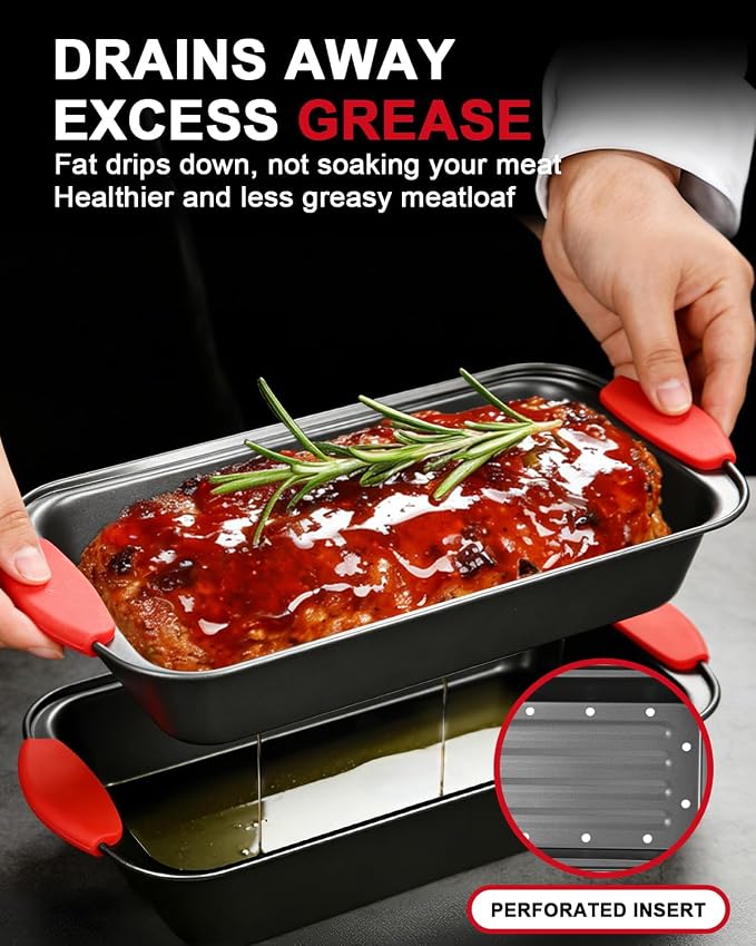 Meatloaf Pan with Drain Tray, 2PCS Nonstick Meat Loaf Pan with Drip Insert | Includes Spatula & Basting Brush, Versatile Baking Pan with Silicone Grip for Meatloaf, Bread, Roast, Cakes, Carbon Steel