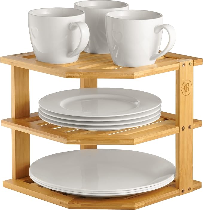Bambüsi Plate Organizer for Cabinet, Corner Shelf Kitchen Organizer, Bamboo | 3-Tier Countertop Rack, Space-Saving Corner Organizer, Holds Plates Bowls Mugs Cups, Dish Storage Organization, Easy Assembly