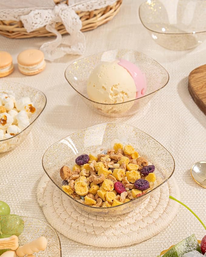 bUCLA 50Pack Gold Glitter Plastic Small Bowls - 8oz Disposable Ice Cream/Salsa/Dipping/Dessert/Sauce/Small Serving Bowls for Party